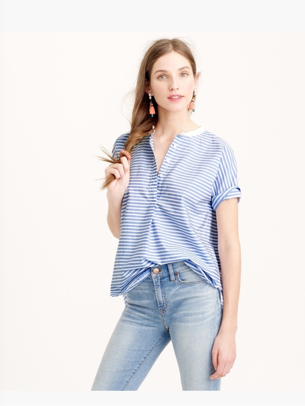 J. Crew Light Blue and White Striped Collarless Popover